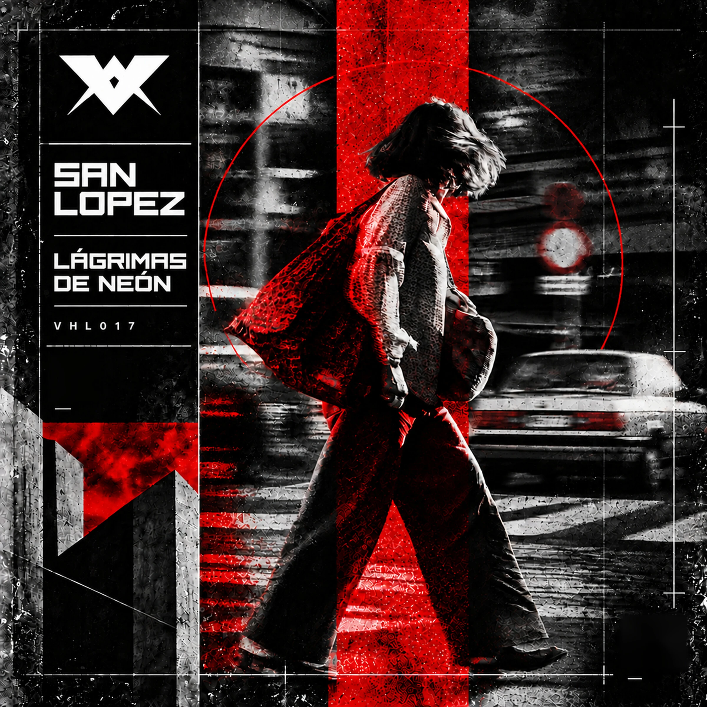 Lágrimas De Neón cover artwork: a figure crossing a city street in black and white, cut by a vertical red band and a thin red arc